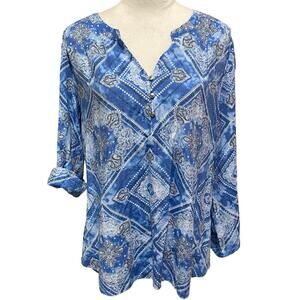 Kim Rogers Tunic Size Petite XL Blue White Print Top with Tabbed Sleeves